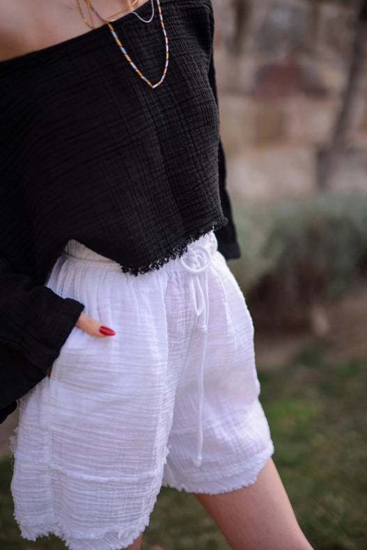 Black Muslin Off Shoulder Crop Top Blouse-Blouses-Moa-Black-Urbanheer