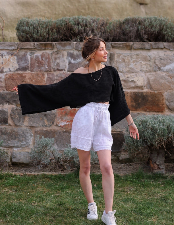 Black Muslin Off Shoulder Crop Top Blouse-Blouses-Moa-Black-Urbanheer