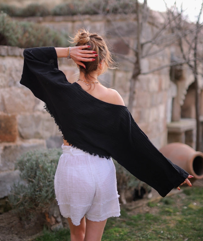 Black Muslin Off Shoulder Crop Top Blouse-Blouses-Moa-Black-Urbanheer
