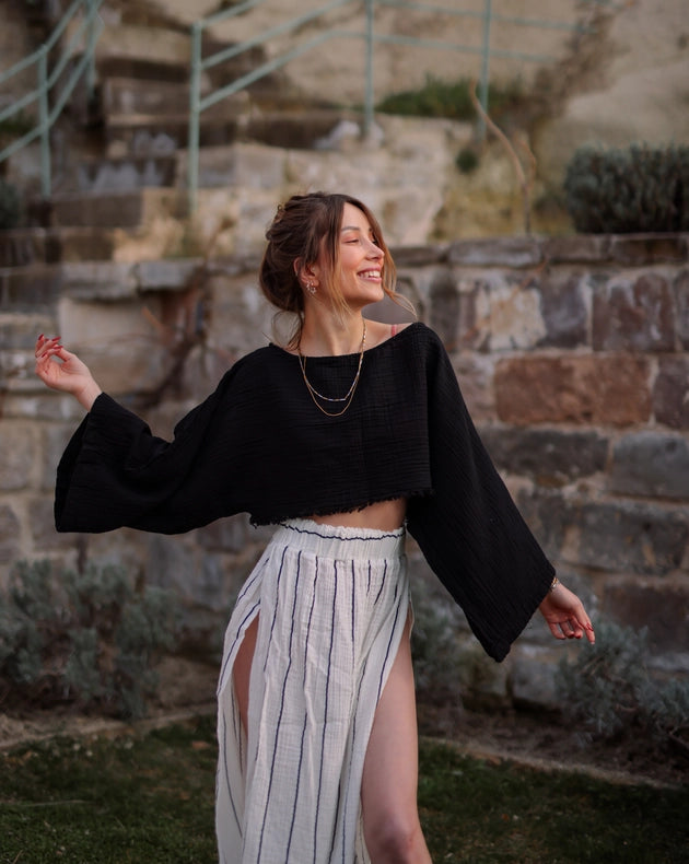 Black Muslin Off Shoulder Crop Top Blouse-Blouses-Moa-Black-Urbanheer