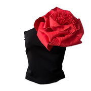 Black One Shoulder Top with Red Flower Pin-Top-London Atelier Byproduct-S-Urbanheer