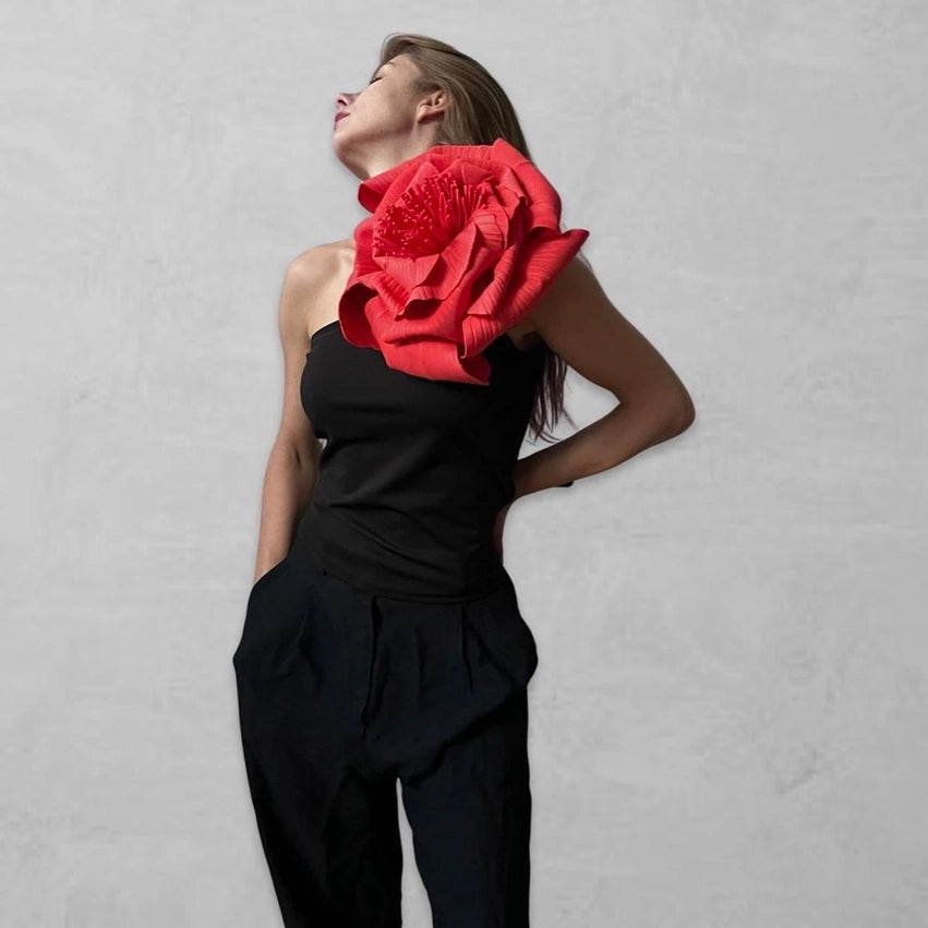 Black One Shoulder Top with Red Flower Pin-Top-London Atelier Byproduct-S-Urbanheer