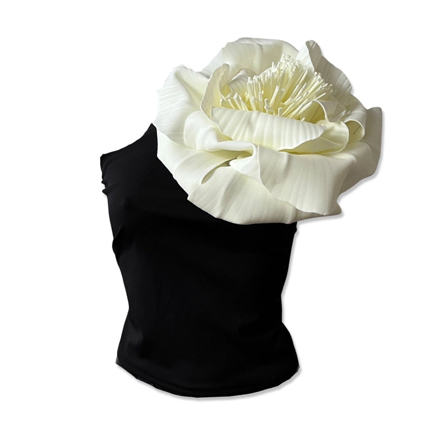 Black One Shoulder Top with White Flower Pin-Top-London Atelier Byproduct-S-Urbanheer