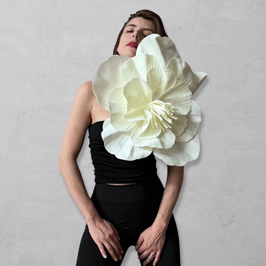 Black One Shoulder Top with White Flower Pin-Top-London Atelier Byproduct-S-Urbanheer