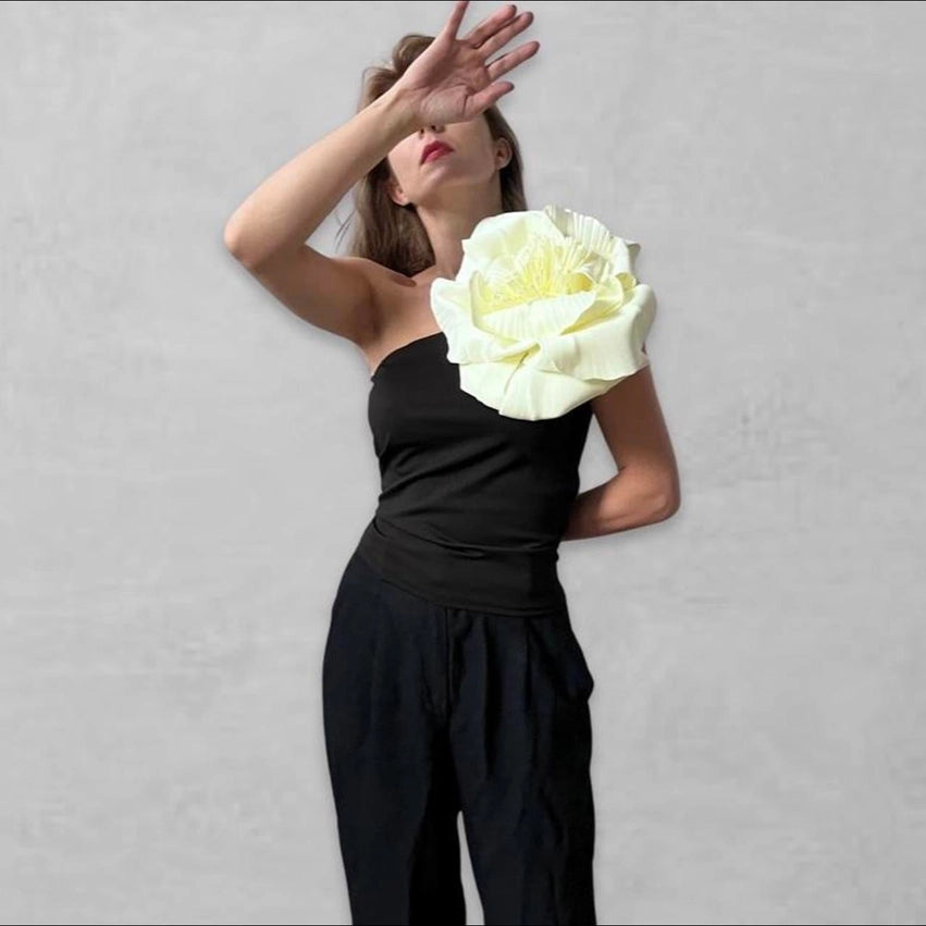 Black One Shoulder Top with White Flower Pin-Top-London Atelier Byproduct-S-Urbanheer