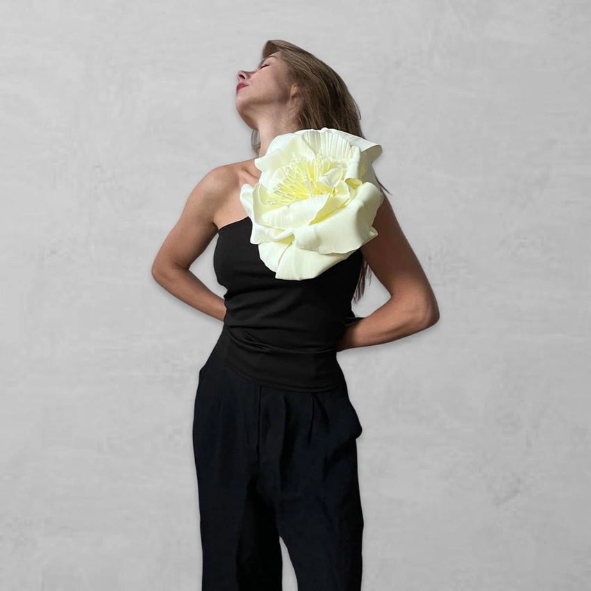 Black One Shoulder Top with White Flower Pin-Top-London Atelier Byproduct-S-Urbanheer