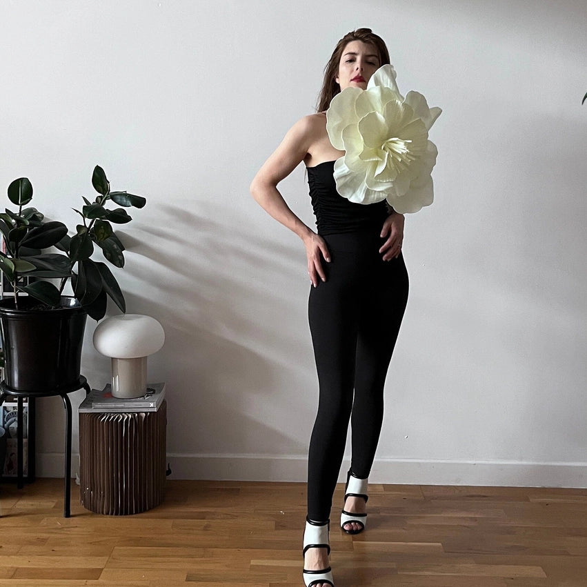 Black One Shoulder Top with White Flower Pin-Top-London Atelier Byproduct-S-Urbanheer