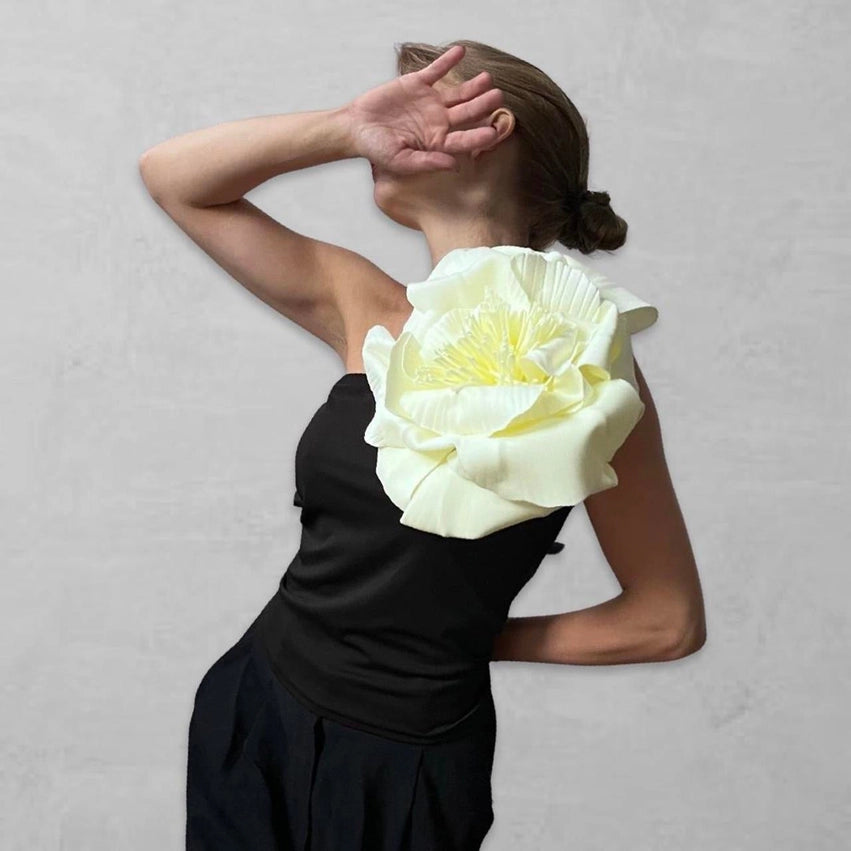 Black One Shoulder Top with White Flower Pin-Top-London Atelier Byproduct-S-Urbanheer