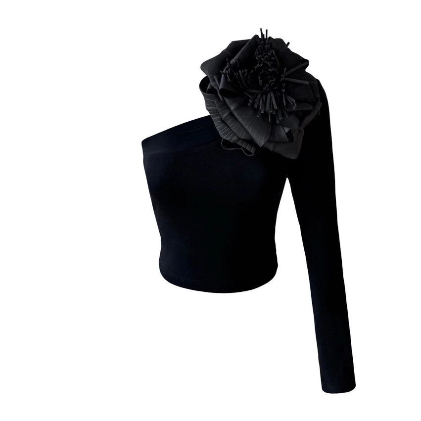 Black One Sleeve Top with Black Flower Pin-Top-London Atelier Byproduct-S-Urbanheer