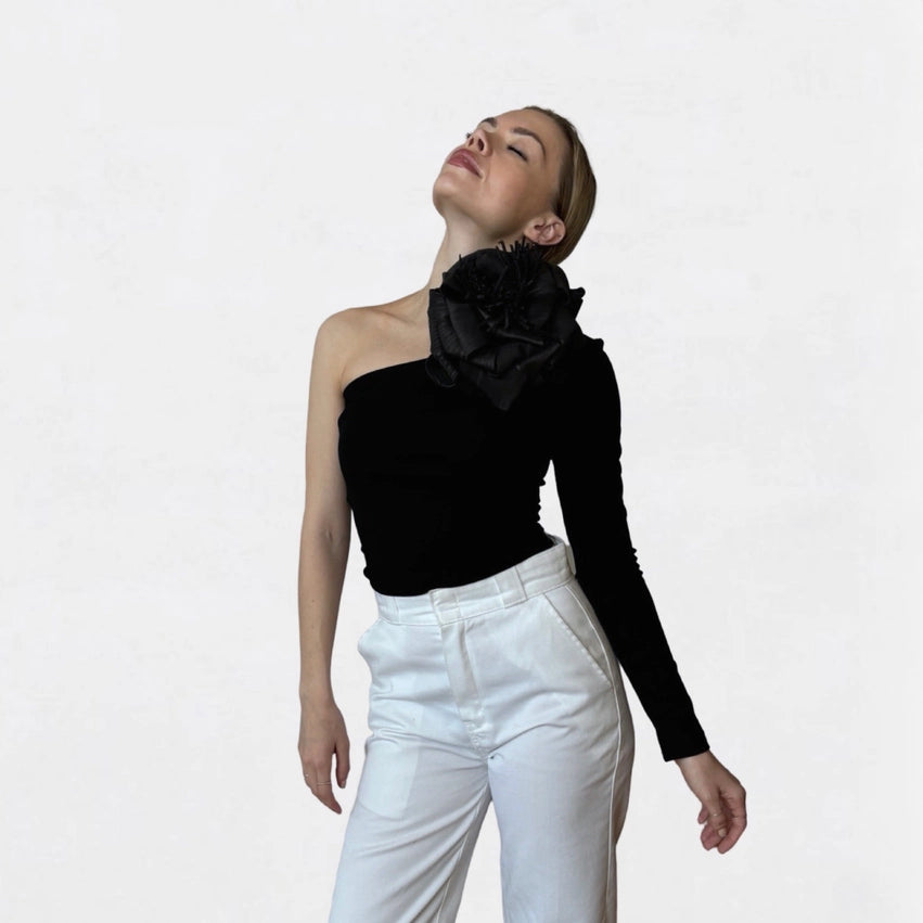 Black One Sleeve Top with Black Flower Pin-Top-London Atelier Byproduct-S-Urbanheer