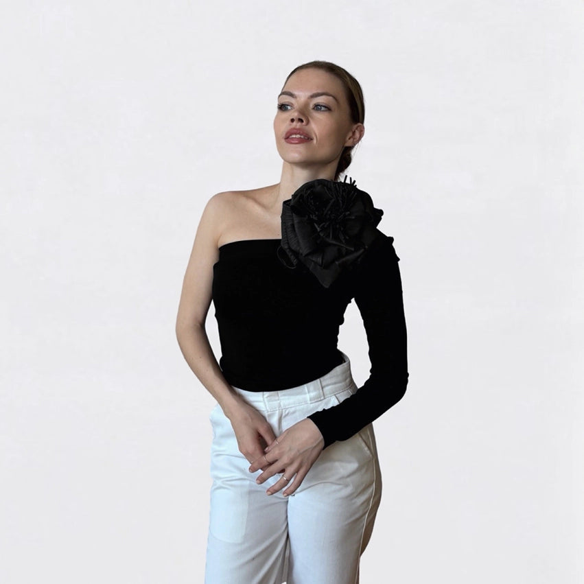 Black One Sleeve Top with Black Flower Pin-Top-London Atelier Byproduct-S-Urbanheer