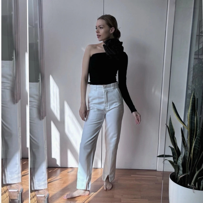 Black One Sleeve Top with Black Flower Pin-Top-London Atelier Byproduct-S-Urbanheer