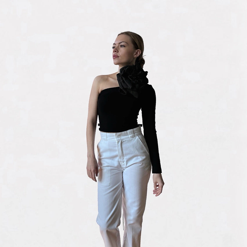 Black One Sleeve Top with Black Flower Pin-Top-London Atelier Byproduct-S-Urbanheer