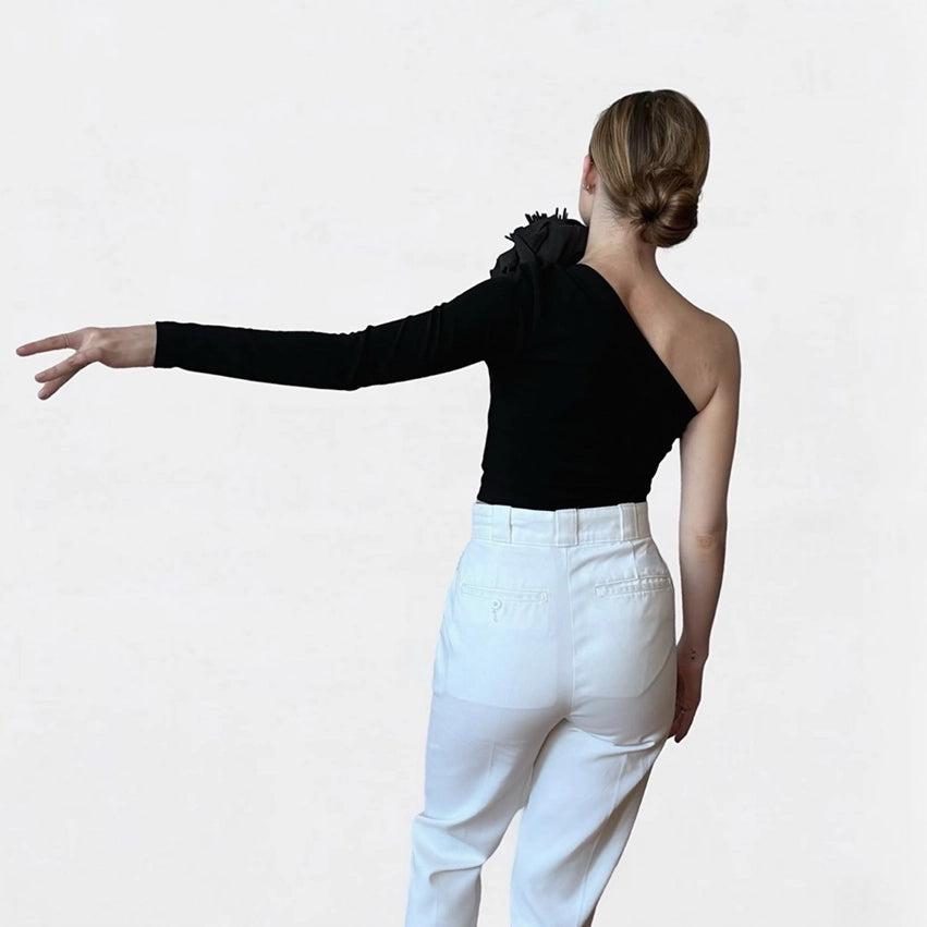 Black One Sleeve Top with Black Flower Pin-Top-London Atelier Byproduct-S-Urbanheer