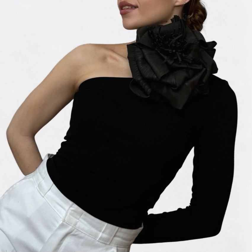 Black One Sleeve Top with Black Flower Pin-Top-London Atelier Byproduct-S-Urbanheer