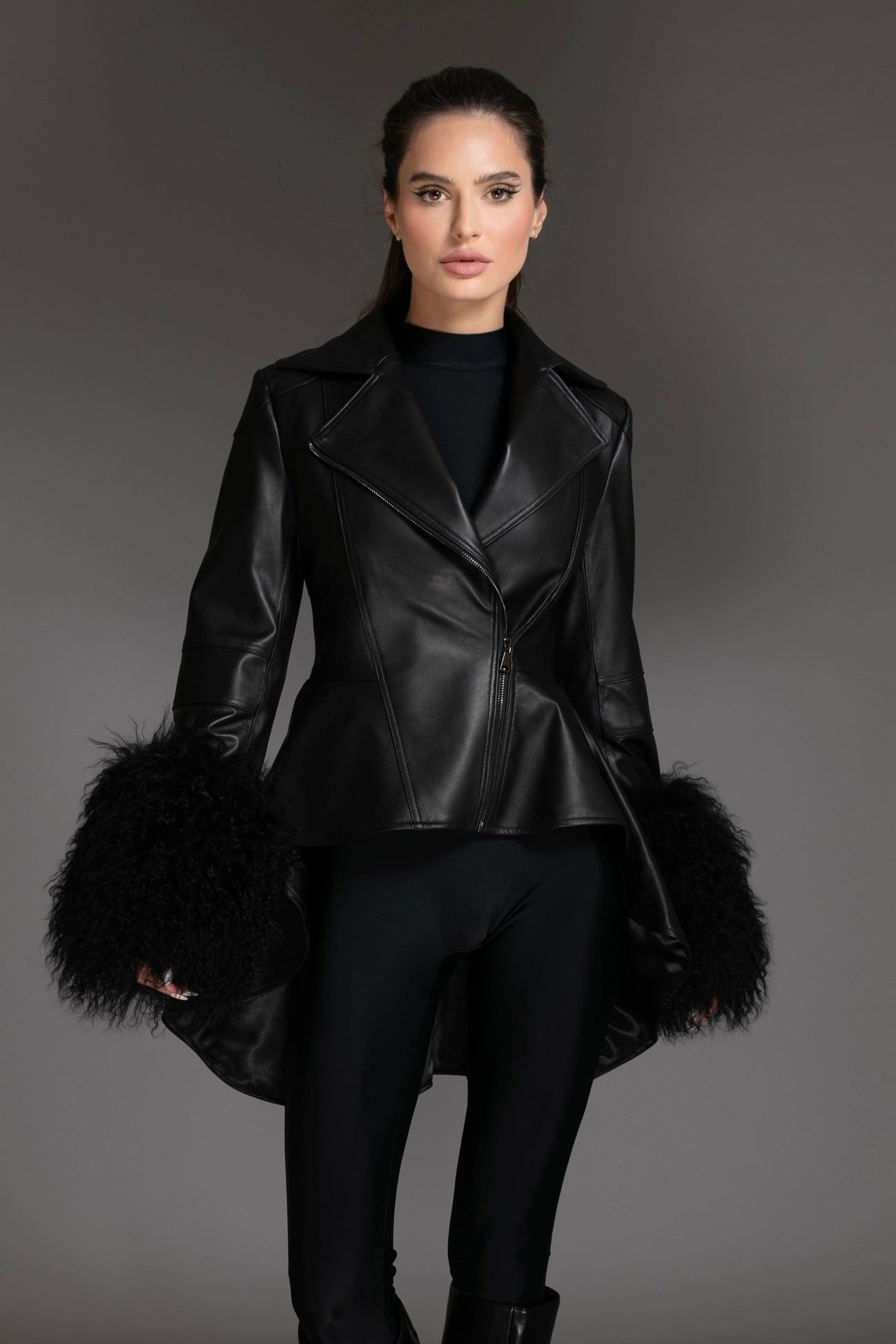 Black Peplum Hi-Low Leather Jacket Mongolian Cuffs