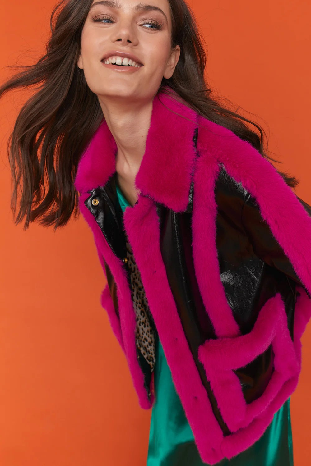 Black Pink Faux Leather with Faux Fur Trim Aviator Jacket-Faux Leather Jackets-Buy Me Fur Ltd-One Size-Black / Pink-Faux Leather-Urbanheer