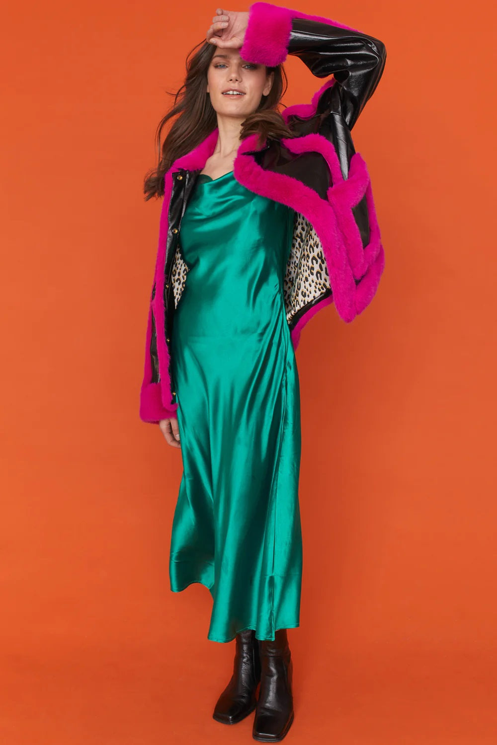 Black Pink Faux Leather with Faux Fur Trim Aviator Jacket-Faux Leather Jackets-Buy Me Fur Ltd-One Size-Black / Pink-Faux Leather-Urbanheer