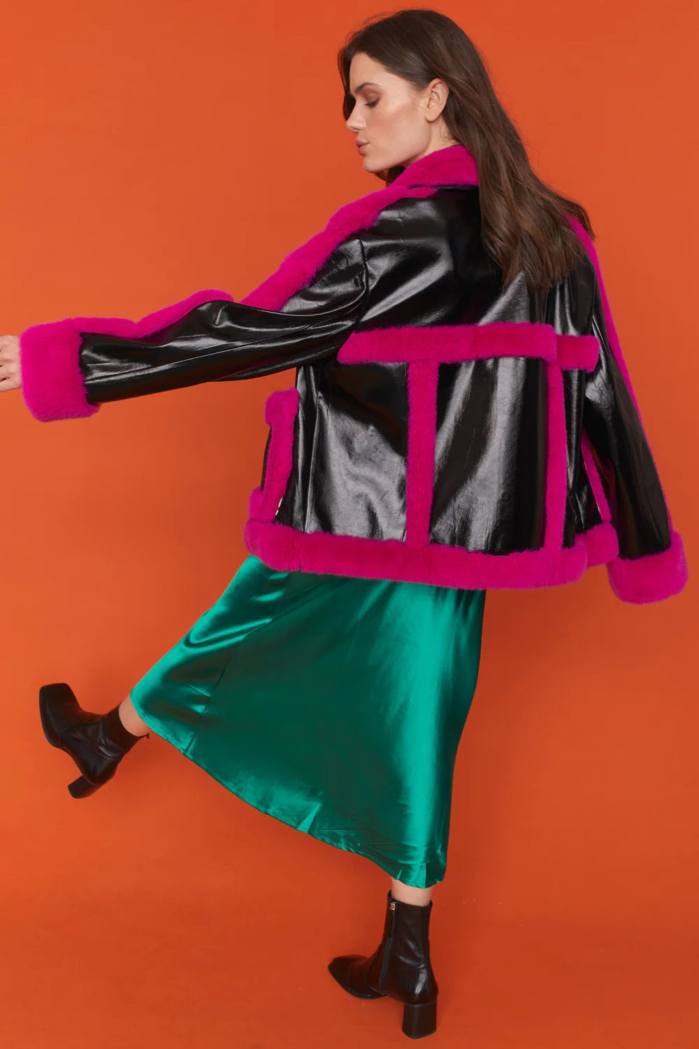 Black Pink Faux Leather with Faux Fur Trim Aviator Jacket-Faux Leather Jackets-Buy Me Fur Ltd-One Size-Black / Pink-Faux Leather-Urbanheer