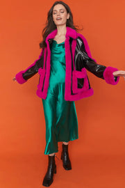 Black Pink Faux Leather with Faux Fur Trim Aviator Jacket-Faux Leather Jackets-Buy Me Fur Ltd-One Size-Black / Pink-Faux Leather-Urbanheer