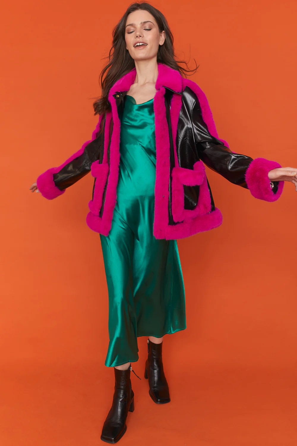 Black Pink Faux Leather with Faux Fur Trim Aviator Jacket-Faux Leather Jackets-Buy Me Fur Ltd-One Size-Black / Pink-Faux Leather-Urbanheer