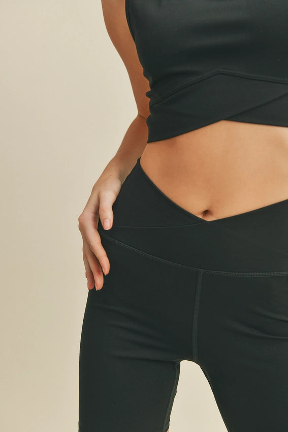 Black Racerback Longline V-Cross Bra & Biker Set-Set-KIMBERLY C-S-Black-Urbanheer