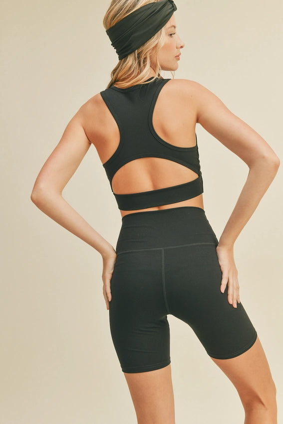 Black Racerback Longline V-Cross Bra & Biker Set-Set-KIMBERLY C-S-Black-Urbanheer