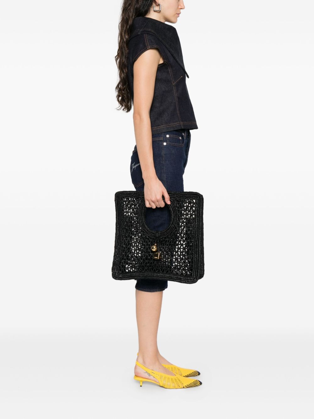 Black Raffia Summer Tote Bag with Charm Accents