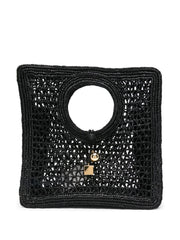 Black Raffia Summer Tote Bag with Charm Accents