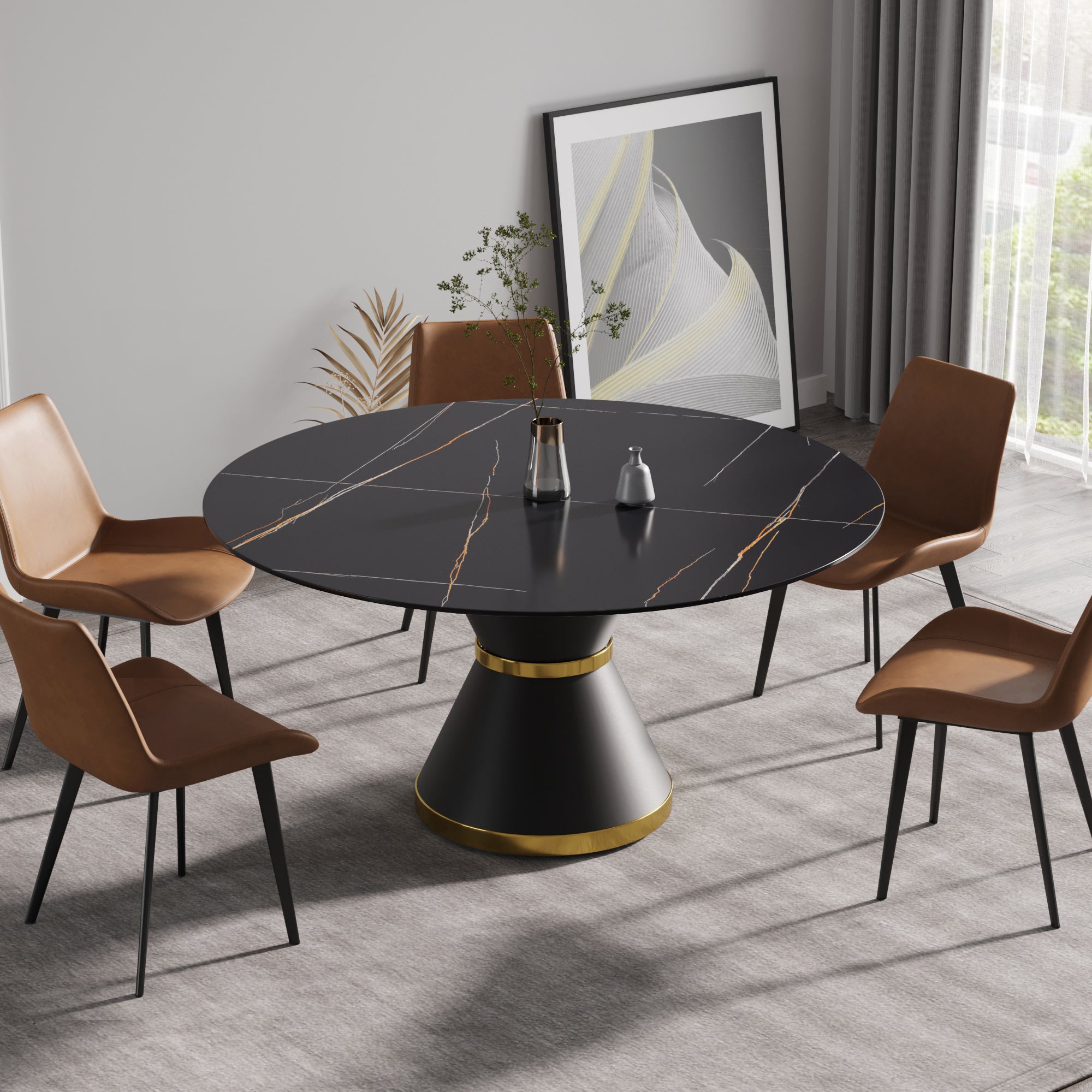 Black Round Sintered Stone Dining Table with Pedestal Base