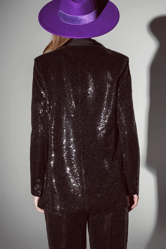Black Sequin Tuxedo Blazer with Satin Lapels-Blazer-Q2-S-Black-Urbanheer