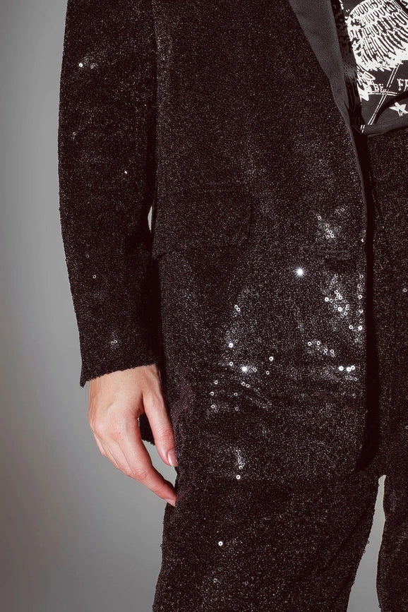 Black Sequin Tuxedo Blazer with Satin Lapels-Blazer-Q2-S-Black-Urbanheer