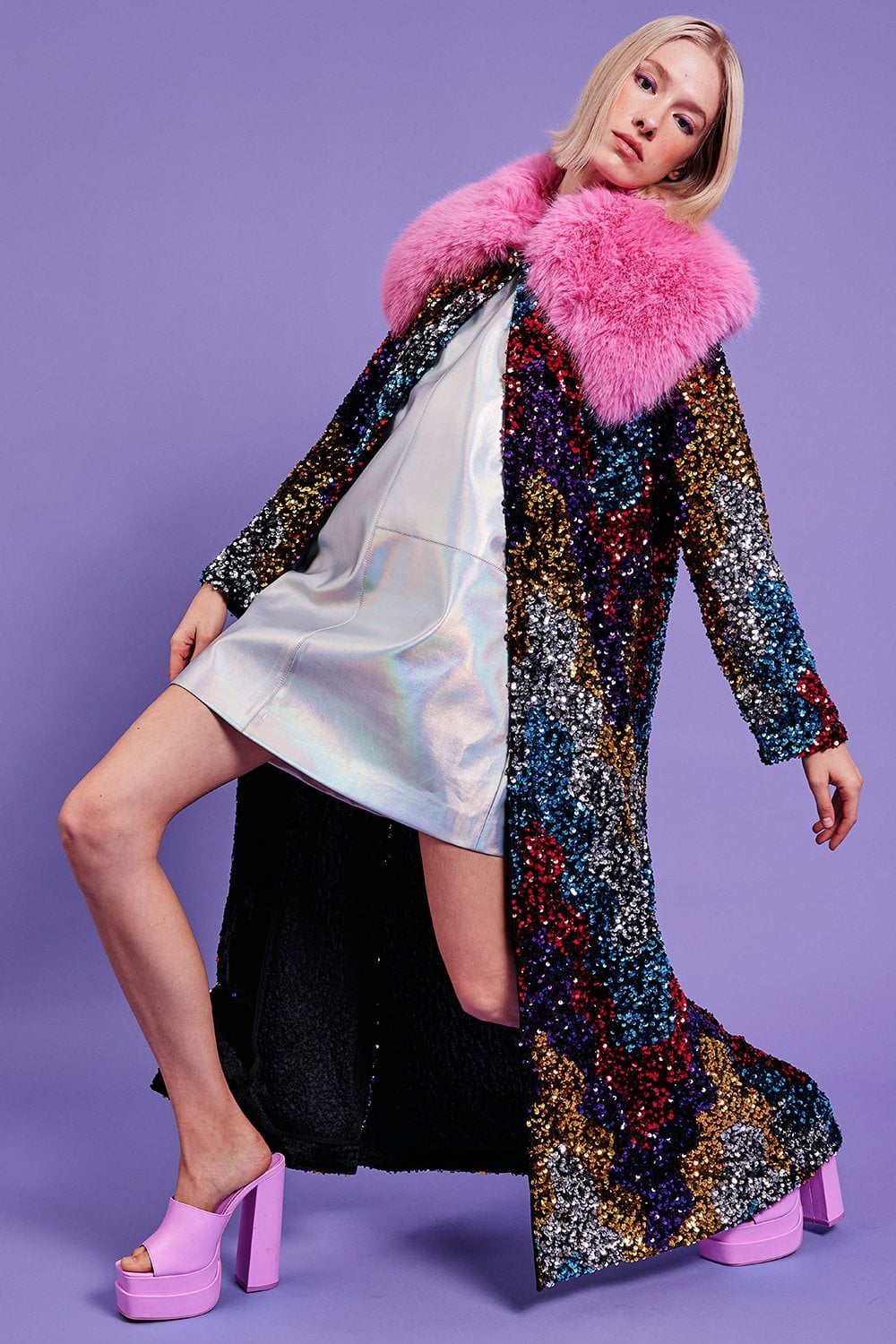 Black Sequin Velvet Trench Coat with Pink Faux Fur Collar-Faux Leather Coats-Buy Me Fur Ltd-Black-S-M-Bamboo - Lyocell - Viscose Blend-Urbanheer