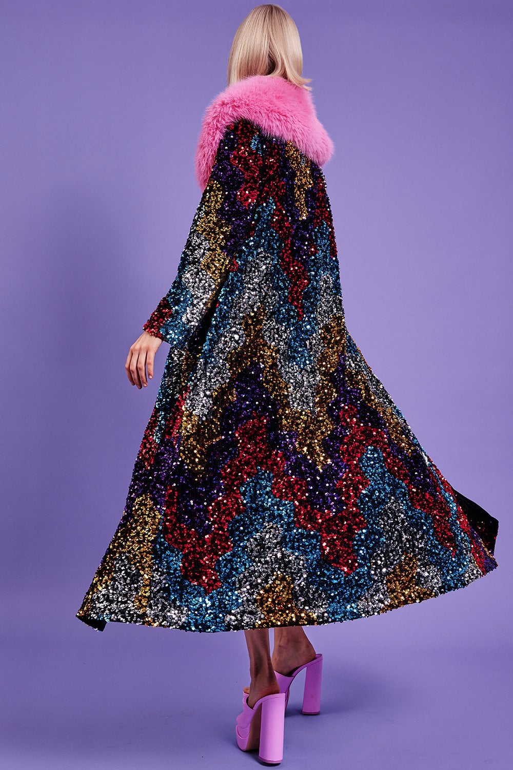 Black Sequin Velvet Trench Coat with Pink Faux Fur Collar-Faux Leather Coats-Buy Me Fur Ltd-Black-S-M-Bamboo - Lyocell - Viscose Blend-Urbanheer