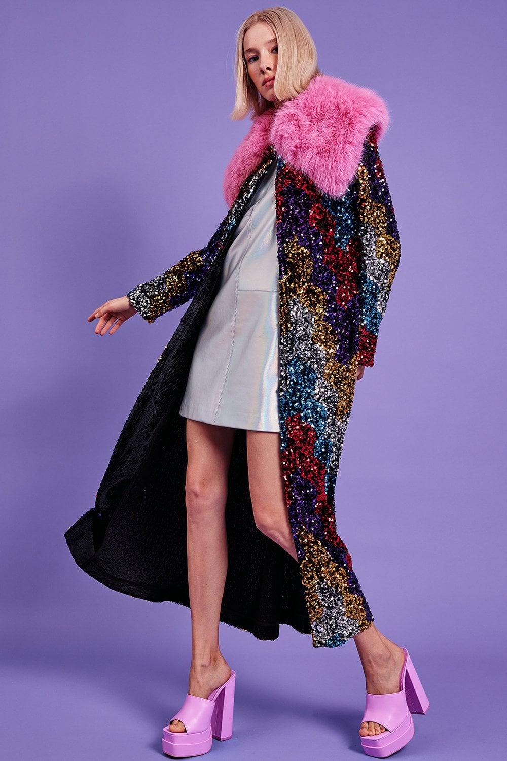 Black Sequin Velvet Trench Coat with Pink Faux Fur Collar-Faux Leather Coats-Buy Me Fur Ltd-Black-S-M-Bamboo - Lyocell - Viscose Blend-Urbanheer