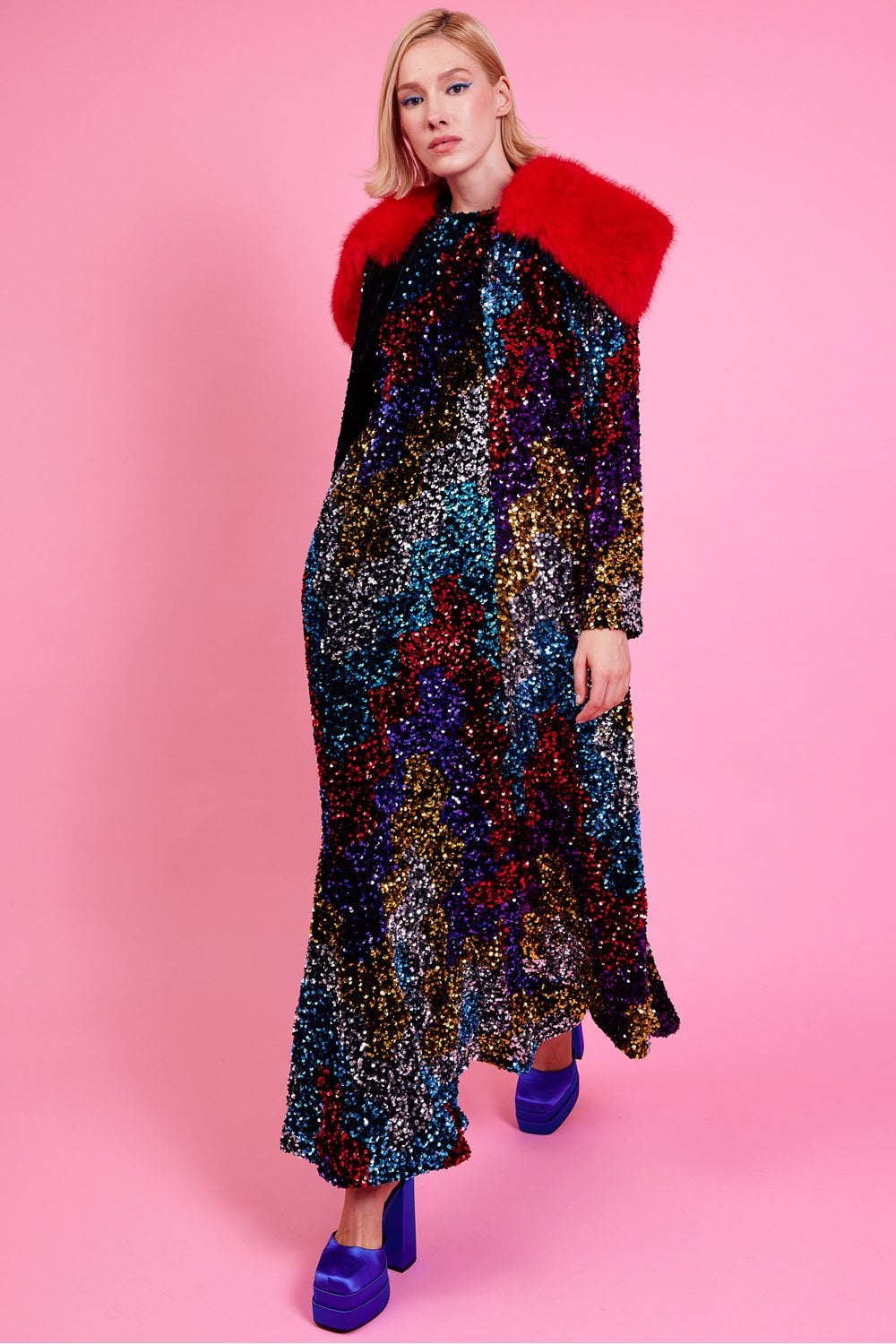 Black Sequin Velvet Trench Coat with Red Faux Fur Collar-Faux Leather Coats-Buy Me Fur Ltd-Black-S-M-Bamboo - Lyocell - Viscose Blend-Urbanheer