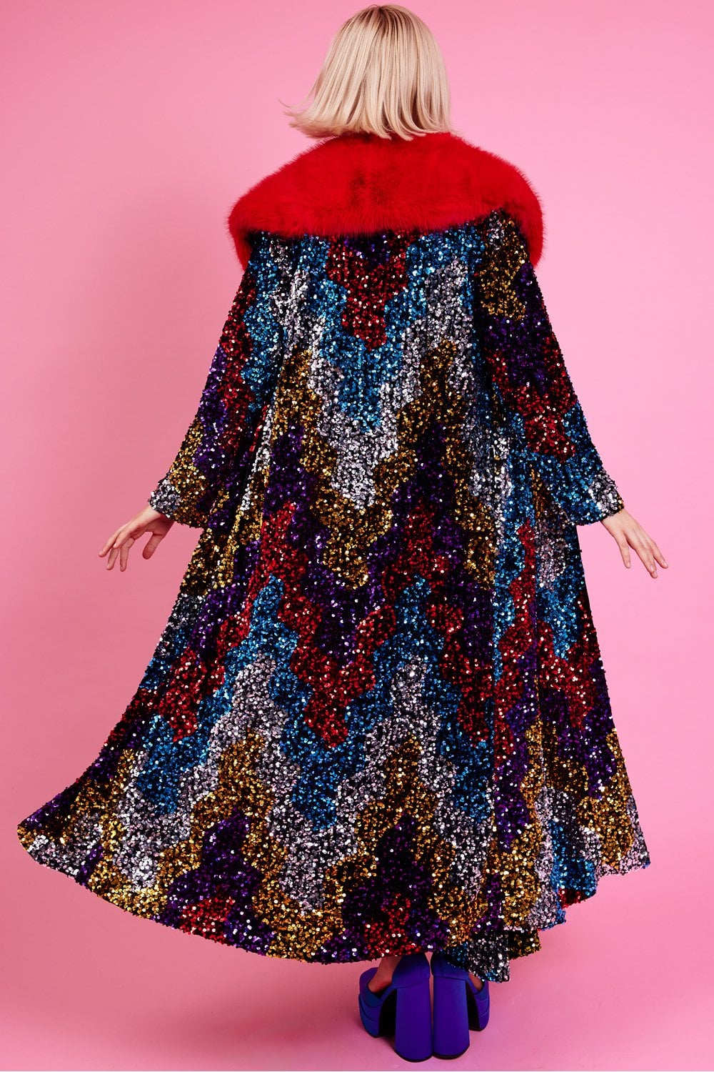 Black Sequin Velvet Trench Coat with Red Faux Fur Collar-Faux Leather Coats-Buy Me Fur Ltd-Black-S-M-Bamboo - Lyocell - Viscose Blend-Urbanheer