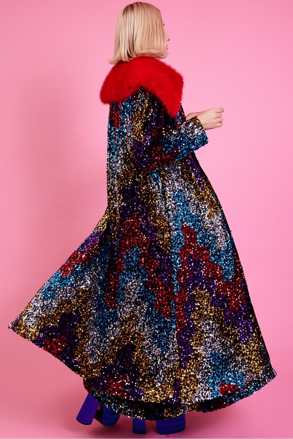 Black Sequin Velvet Trench Coat with Red Faux Fur Collar-Faux Leather Coats-Buy Me Fur Ltd-Black-S-M-Bamboo - Lyocell - Viscose Blend-Urbanheer