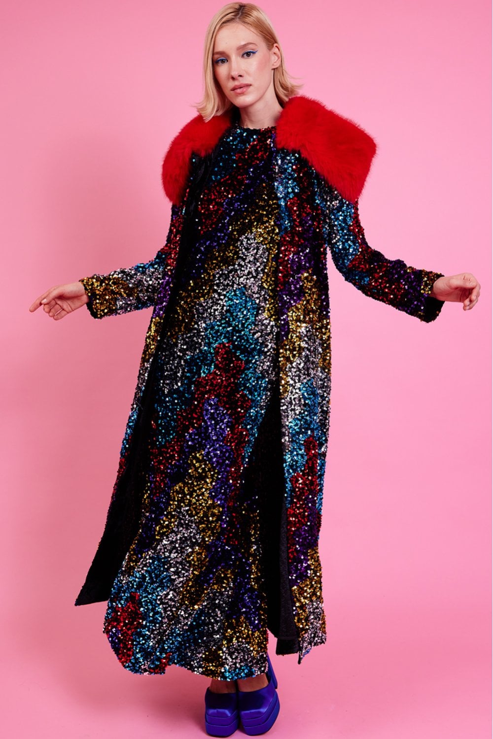 Black Sequin Velvet Trench Coat with Red Faux Fur Collar-Faux Leather Coats-Buy Me Fur Ltd-Black-S-M-Bamboo - Lyocell - Viscose Blend-Urbanheer