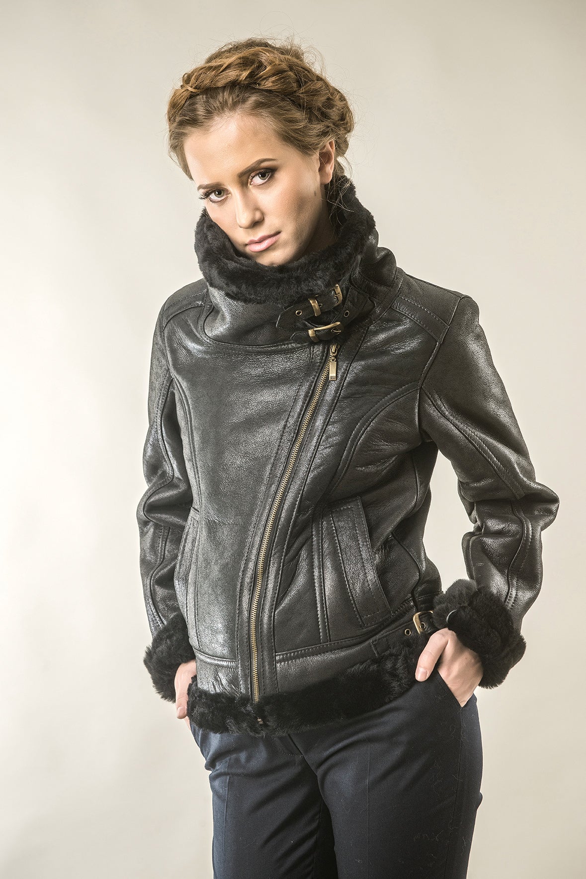 Black Shearling Leather Biker Jacket with Merino Fur-Leather Jackets-Buy Me Fur Ltd-Black-S-Shearling Leather-Urbanheer