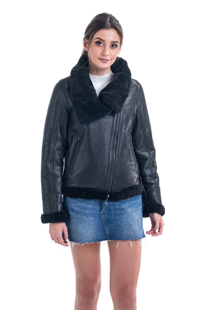 Black Shearling Leather Jacket with Merino Fur Detailing-Leather Jackets-Buy Me Fur Ltd-Black-S-Shearling Leather-Urbanheer