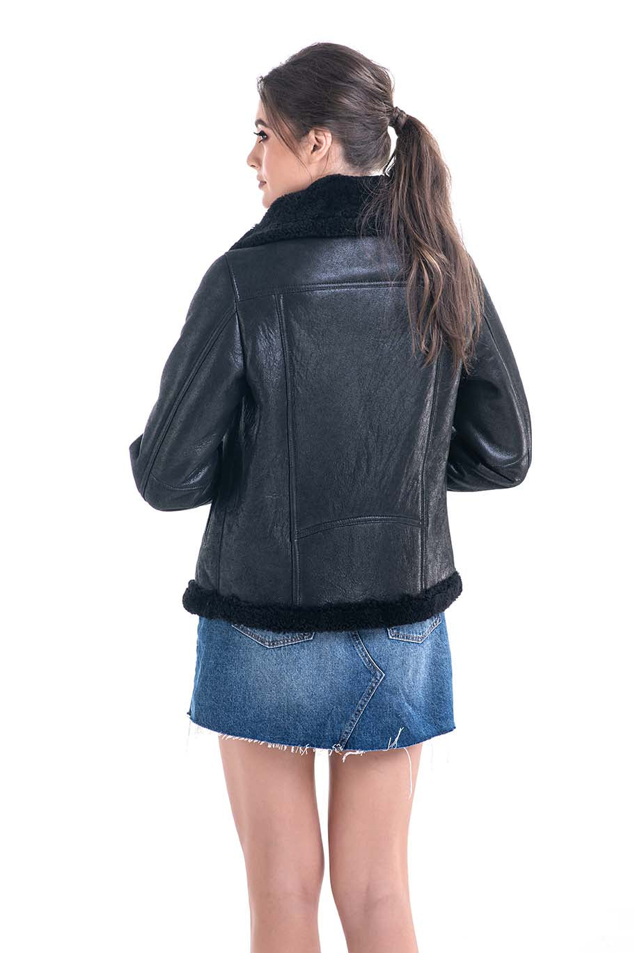 Black Shearling Leather Jacket with Merino Fur Detailing-Leather Jackets-Buy Me Fur Ltd-Black-S-Shearling Leather-Urbanheer