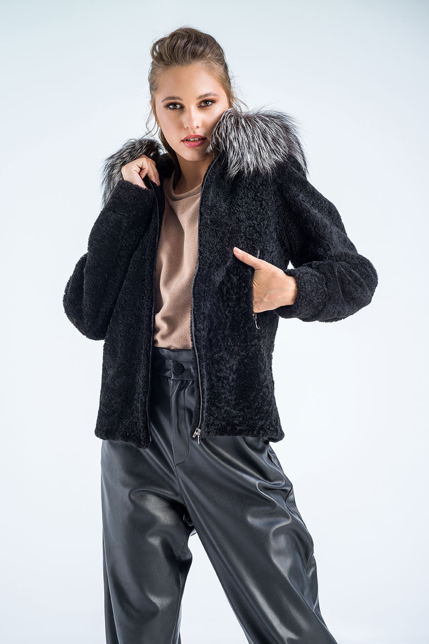 Black Sheepskin Hooded Jacket with Arctic Fox Fur Detailing-Fur Jackets-Buy Me Fur Ltd-Black-S-Shearling Leather-Urbanheer