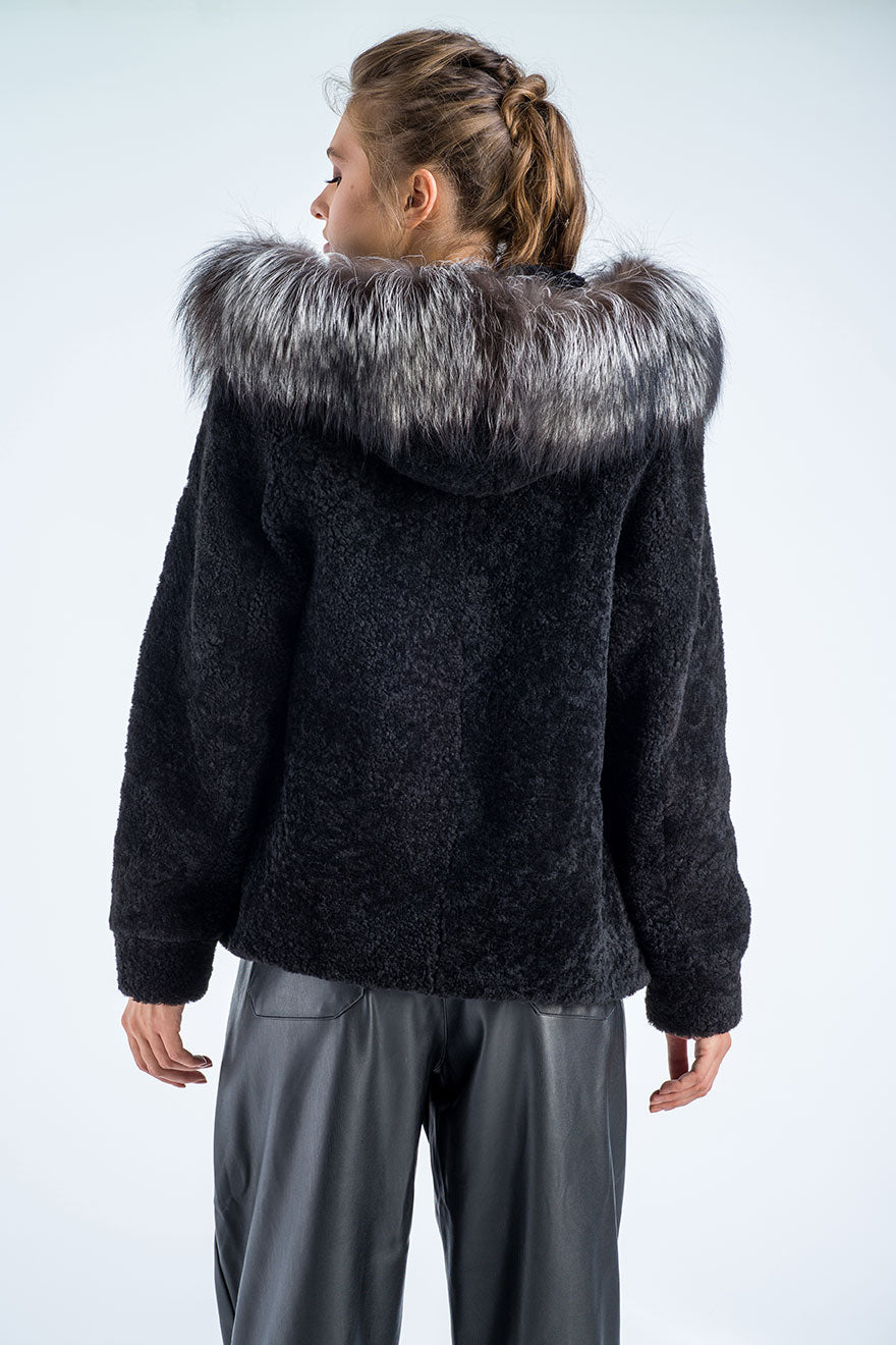 Black Sheepskin Hooded Jacket with Arctic Fox Fur Detailing-Fur Jackets-Buy Me Fur Ltd-Black-S-Shearling Leather-Urbanheer