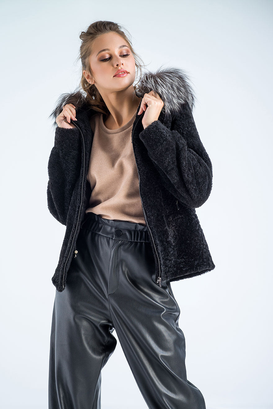 Black Sheepskin Hooded Jacket with Arctic Fox Fur Detailing-Fur Jackets-Buy Me Fur Ltd-Black-S-Shearling Leather-Urbanheer