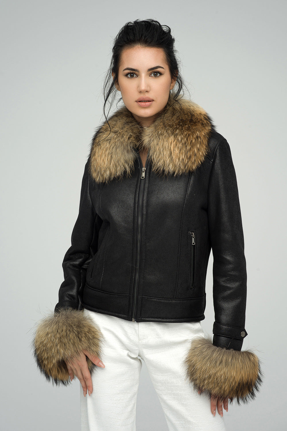 Black Sheepskin Jacket with Raccoon Fur Collar and Cuffs-Leather Jackets-Buy Me Fur Ltd-Black-XS-Sheepskin and Racoon-Urbanheer