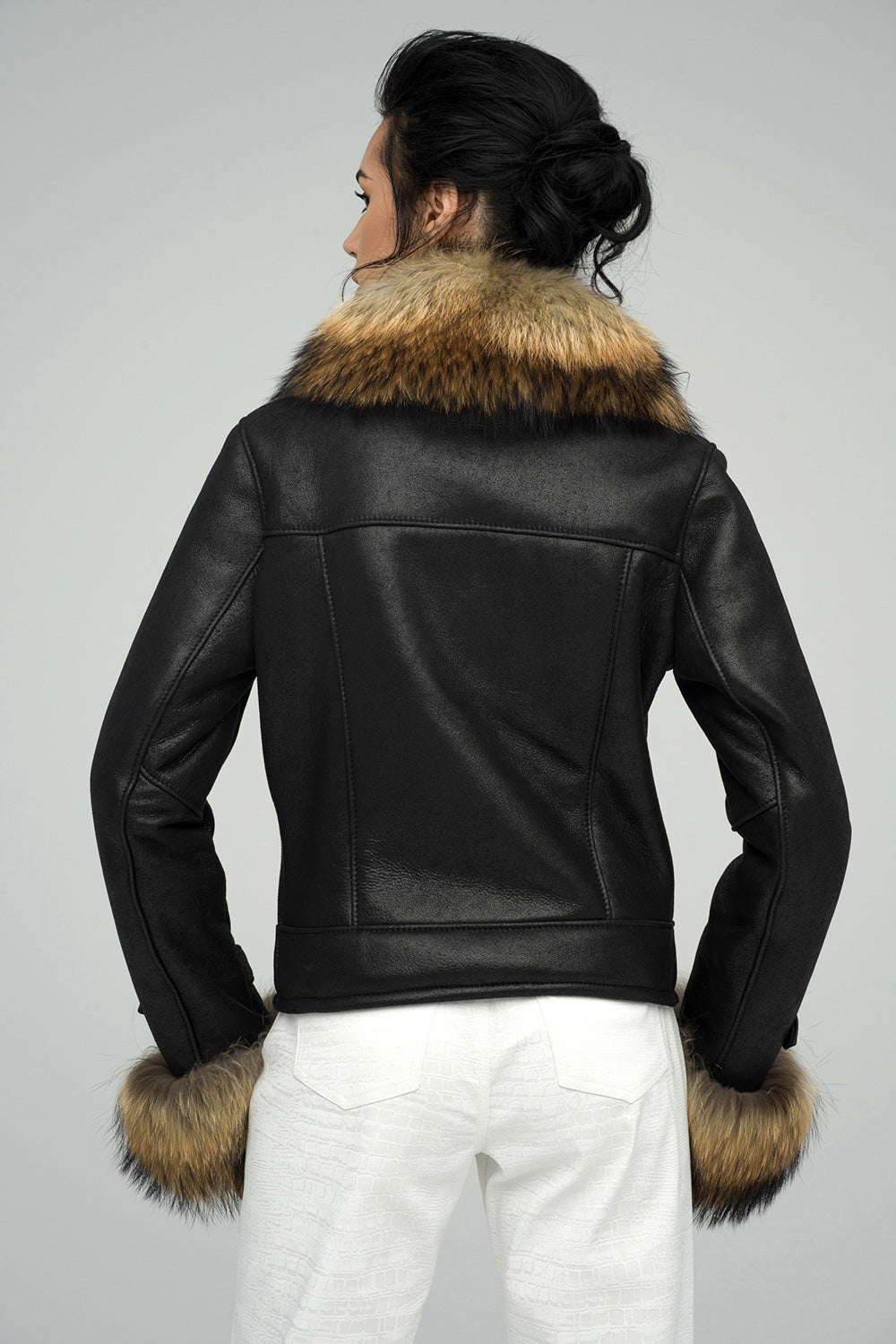Black Sheepskin Jacket with Raccoon Fur Collar and Cuffs-Leather Jackets-Buy Me Fur Ltd-Black-XS-Sheepskin and Racoon-Urbanheer