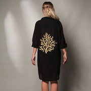 Black Shirt Dress with Hand Painted Gold Coral Reef-Dress-Moa-Gold Coral Reef-Bust: 46" inches - 116cm Hips : 48" inches - 122 cm Sleeve length: 22.5" inches - 57 cm Length : 36.25" inches - 92cm-Urbanheer