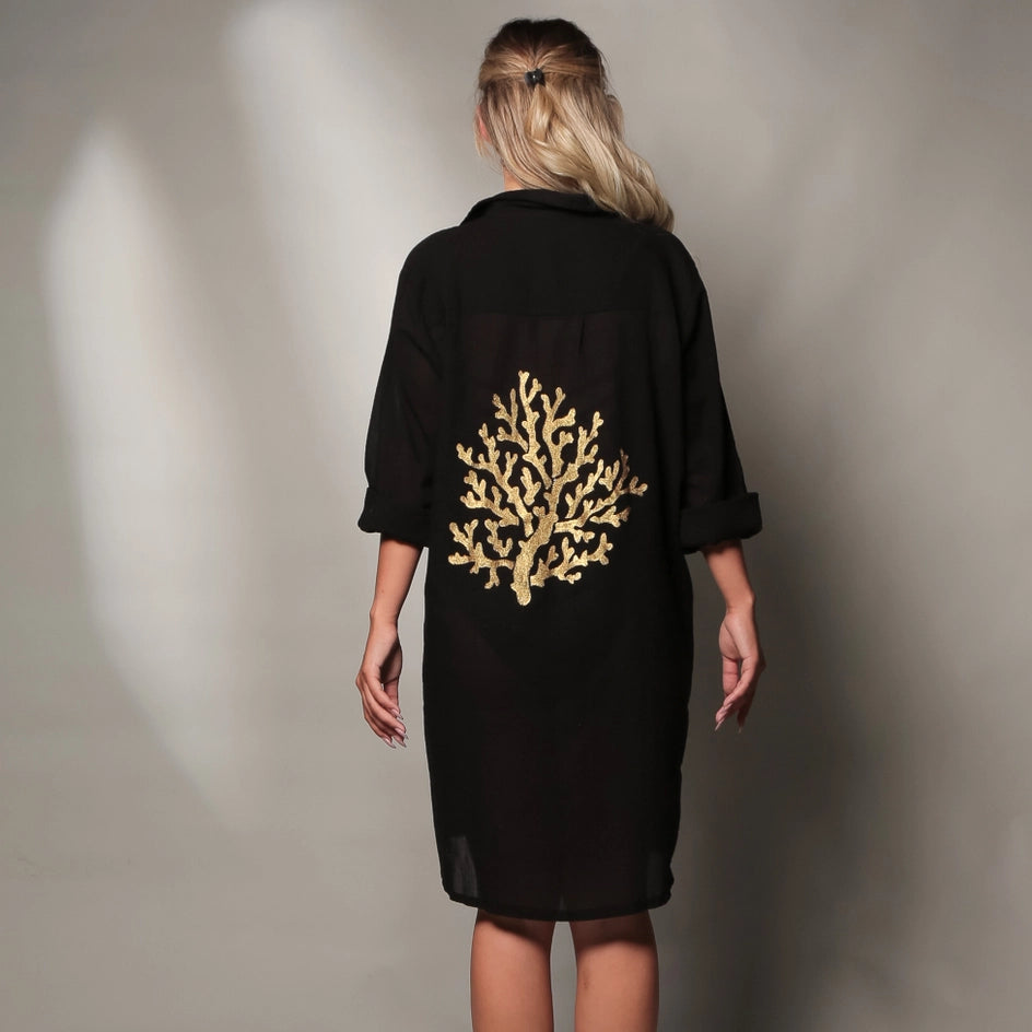 Black Shirt Dress with Hand Painted Gold Coral Reef-Dress-Moa-Gold Coral Reef-Bust: 46" inches - 116cm Hips : 48" inches - 122 cm Sleeve length: 22.5" inches - 57 cm Length : 36.25" inches - 92cm-Urbanheer