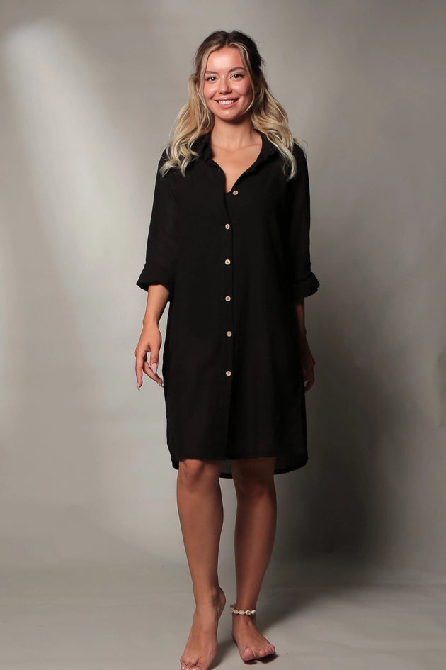 Black Shirt Dress with Hand Painted Gold Coral Reef-Dress-Moa-Gold Coral Reef-Bust: 46" inches - 116cm Hips : 48" inches - 122 cm Sleeve length: 22.5" inches - 57 cm Length : 36.25" inches - 92cm-Urbanheer